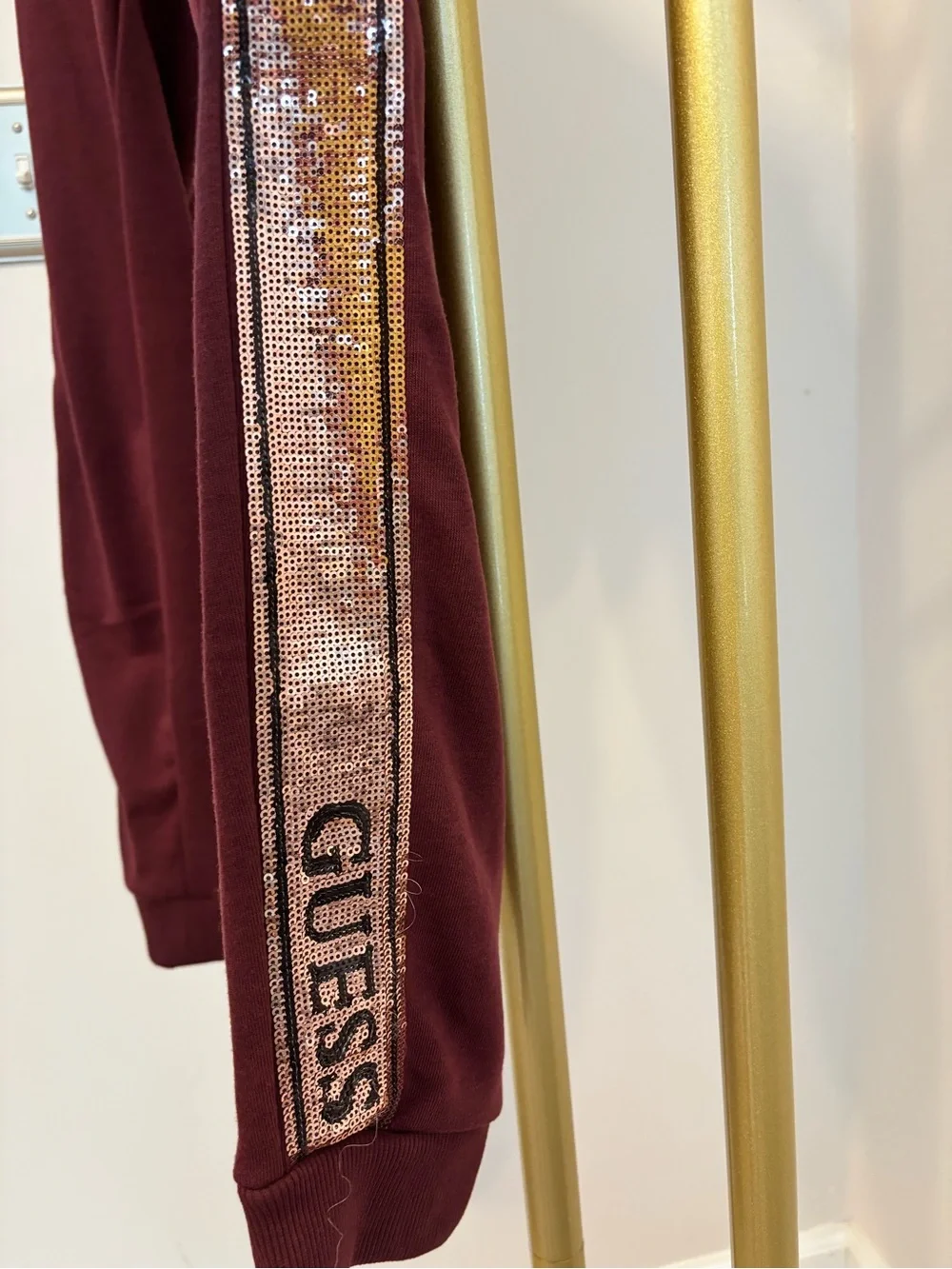 Guess women Burgundy Hoodie & Jogger Set with Sequin Sleeve Stripe